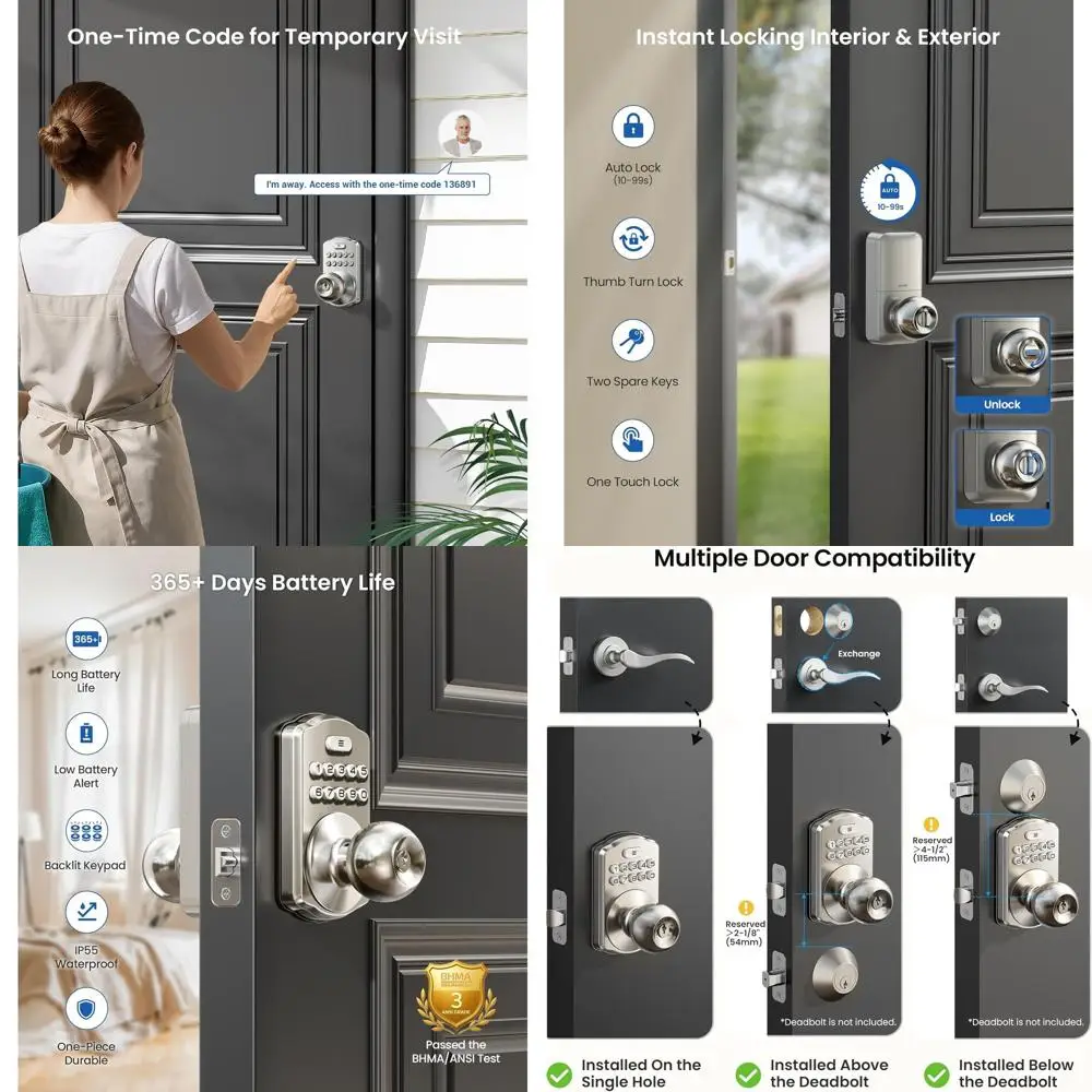 

Digital Keyless Door Lock with Handle, Auto-Locking, Passage Mode, Satin Nickel Finish