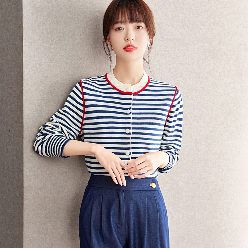 Women Fashion Blue Stripe Knitted Sweater Cardigan Autumn Winter Elegant Chic Slim Casual French Style Tops Knitwear Lady D2832