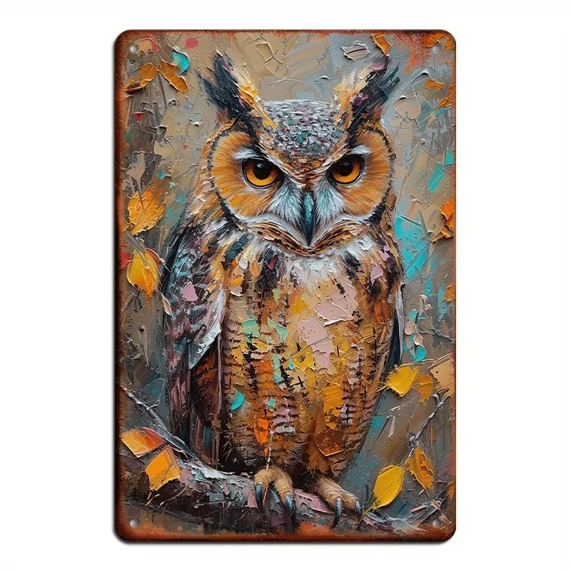 1PC Vintage Owl Oil Painting Metal Iron Sign Home Bar Cafe Garage Decor 8x12 Inch with Pre-drilled Hooks Waterproof Easy To Hang