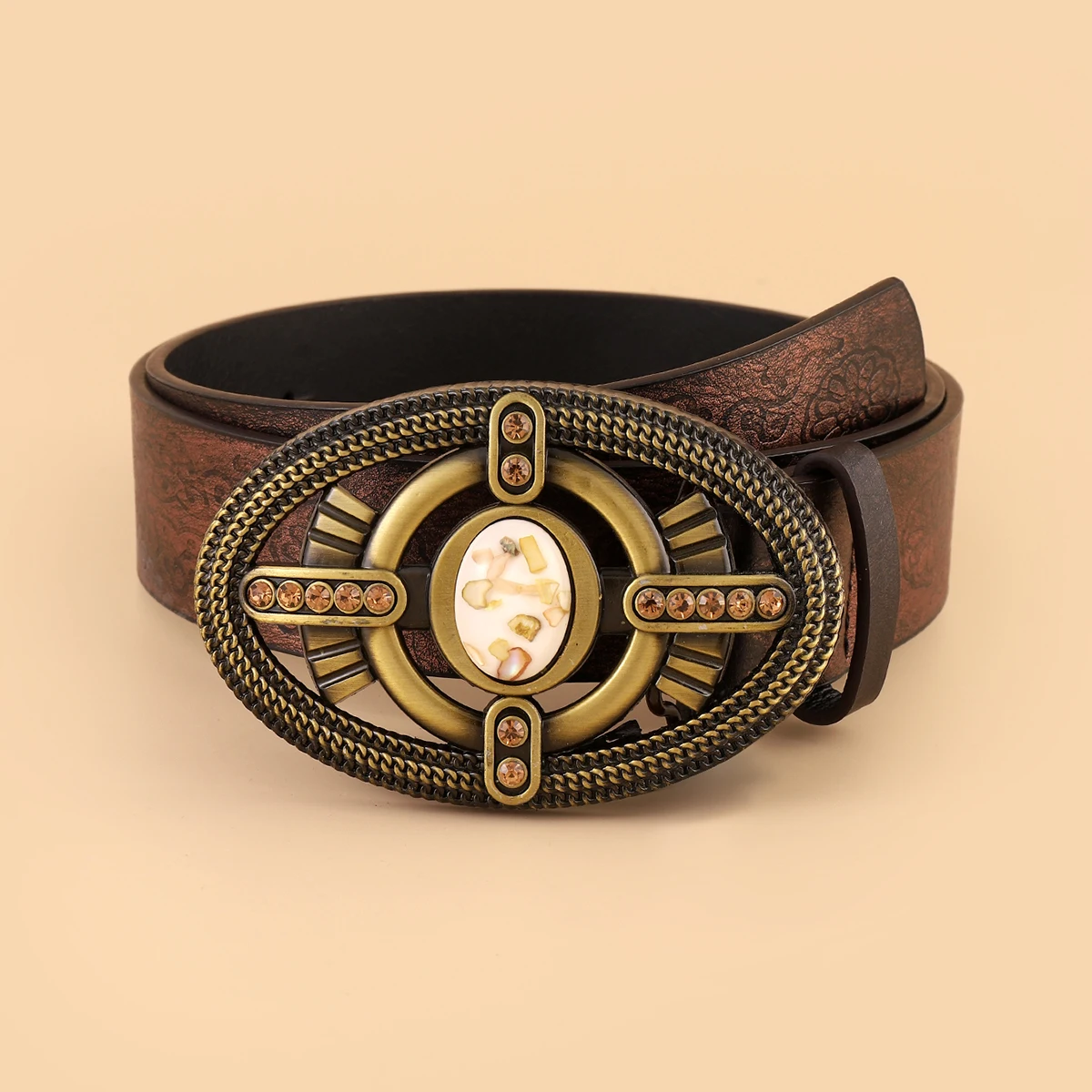 

Fashion Rhinestones Decor Textured Western Buckle Jeans Belt for Women