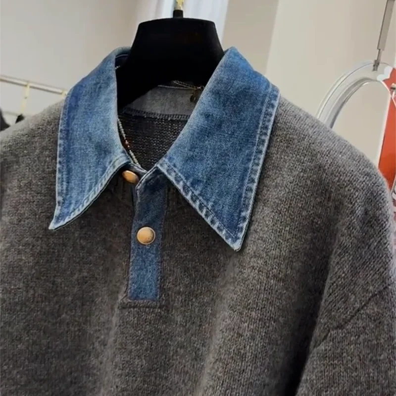 Damski sweter z dzianiny patchworkowej z denimu Harajuku Y2K, luźny, casualowy pulower z długim rękawem, gruby, ciepły, szykowny sweter w stylu amerykańskim.