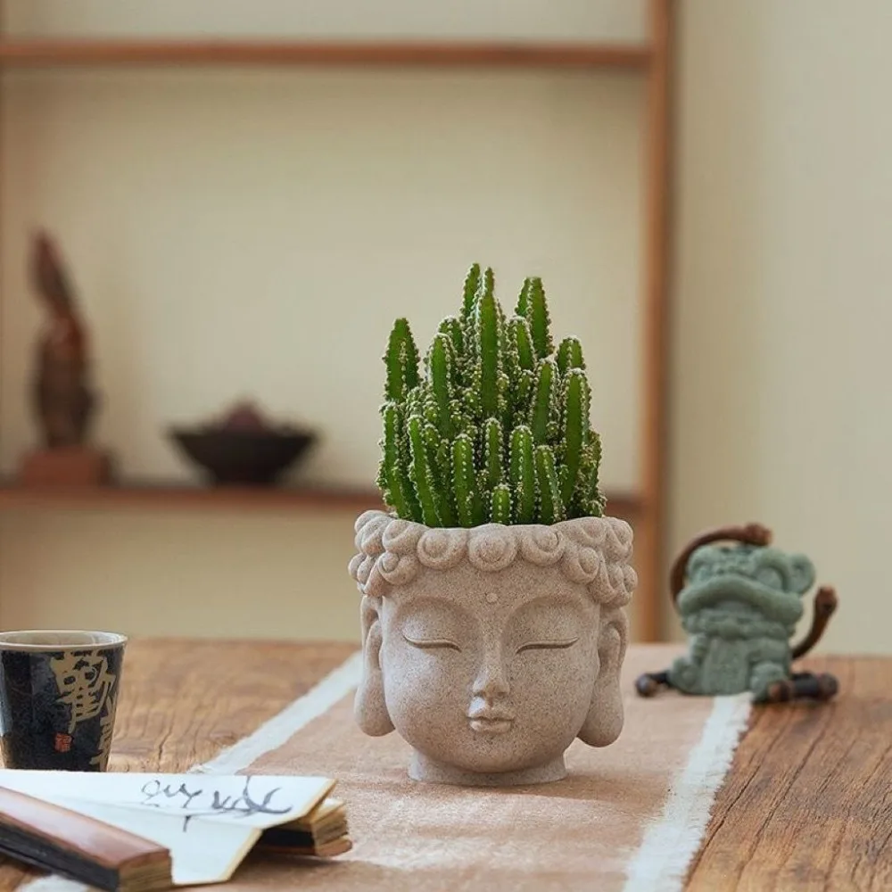 Resin Buddha Head Flower Pot with Drainage Hole Statue Style Mini Planter Modern All-Season Succulent Planter Tabletop Decor