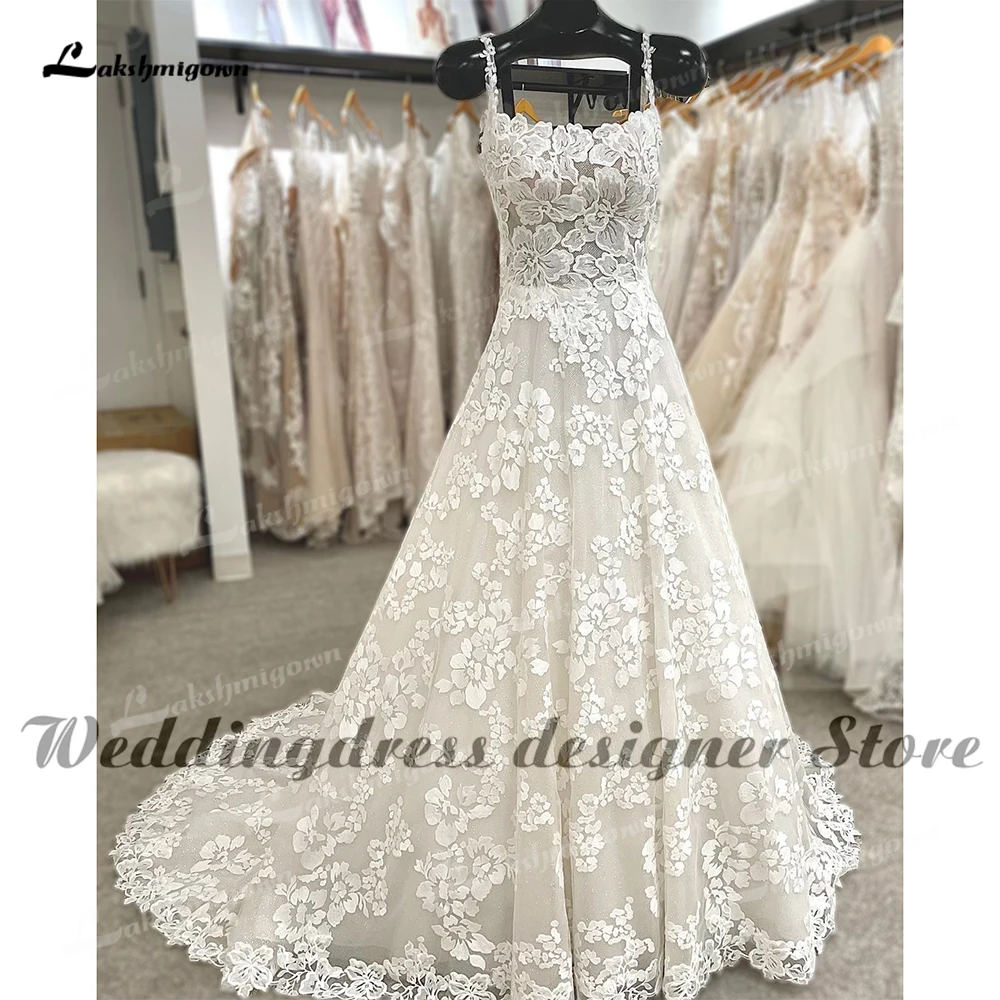 Vestido de novia de tul con encaje Floral, vestido de novia personalizado con tirantes y cuello cuadrado, vestido de novia sin espalda de princesa,