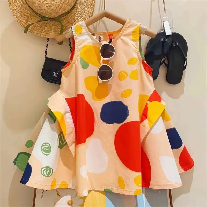 

Korean Girls' Fashion Print Tank Dress 2023 Summer Children'S Fashion Round Neck Sleeveless Graffiti Dress