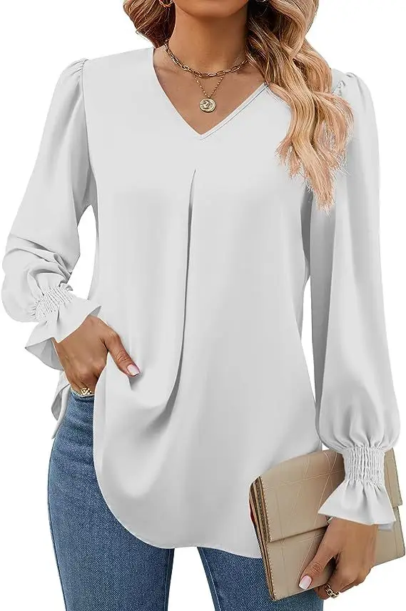 Women's Long Sleeve Shirt Spring Solid Color V Neck Bell Sleeve Fashion High Street Black Top Elegant Blouse for Women