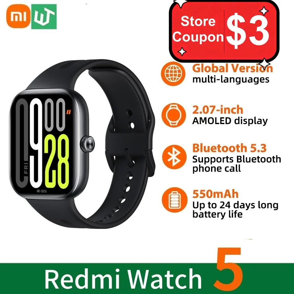 

Xiaomi Redmi Watch 5 Global Version 2.07" AMOLED Display 24 Days Battery Life GNSS Bluetooth Calling Mi Smartwatch Sports Band