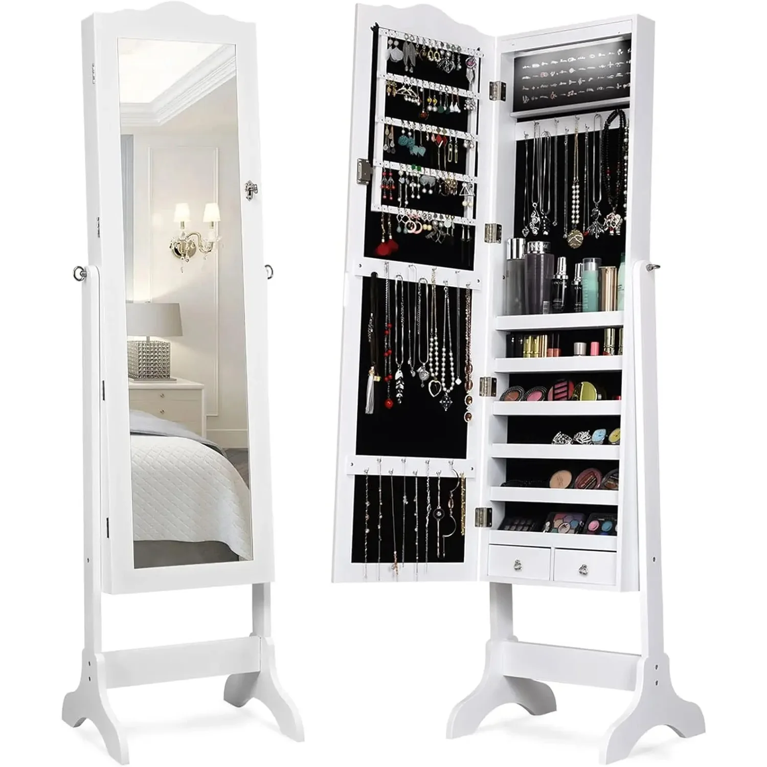 Jewelry Armoire Organizer with Full Length Mirror, 14 LEDs Floor Standing Jewelry Cabinet with 2 Drawers, 4 Adjustable Angles