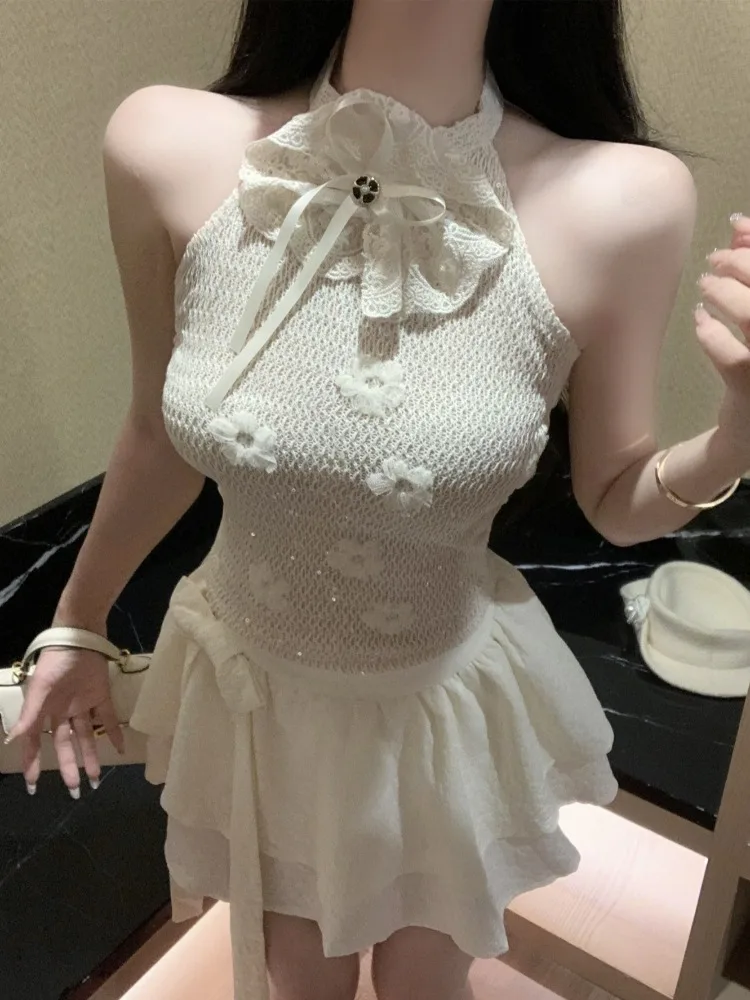 

Sweet Style Lace Splicing Bow Tie 3D Flower Waist Inning Women's Summer Cake Short Skirt Sexy Two-Piece Set Fashionable Casua...