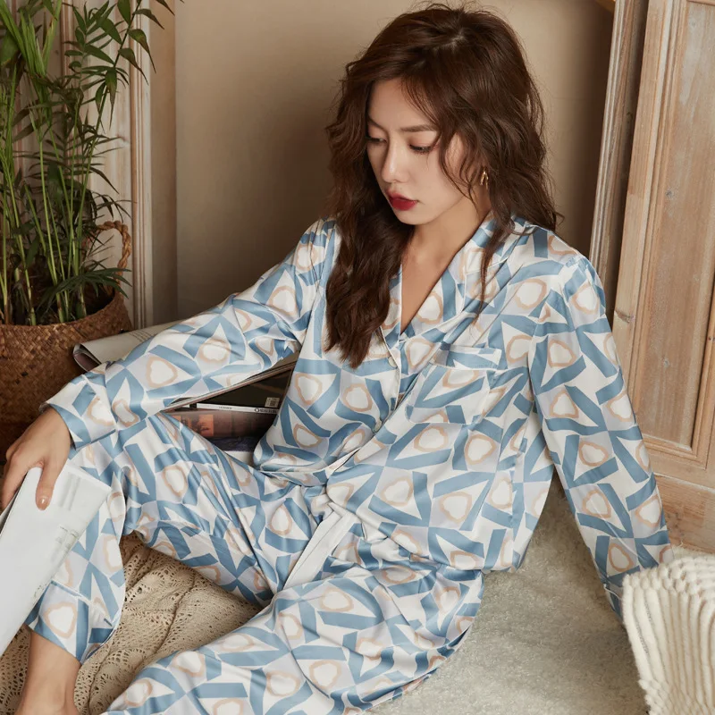 QSROCIO Hot Sale High Quality Women\'s Pajamas Set Luxury Style Geometric Print Sleepwear Silk Like Casual Homewear Nightie Femme