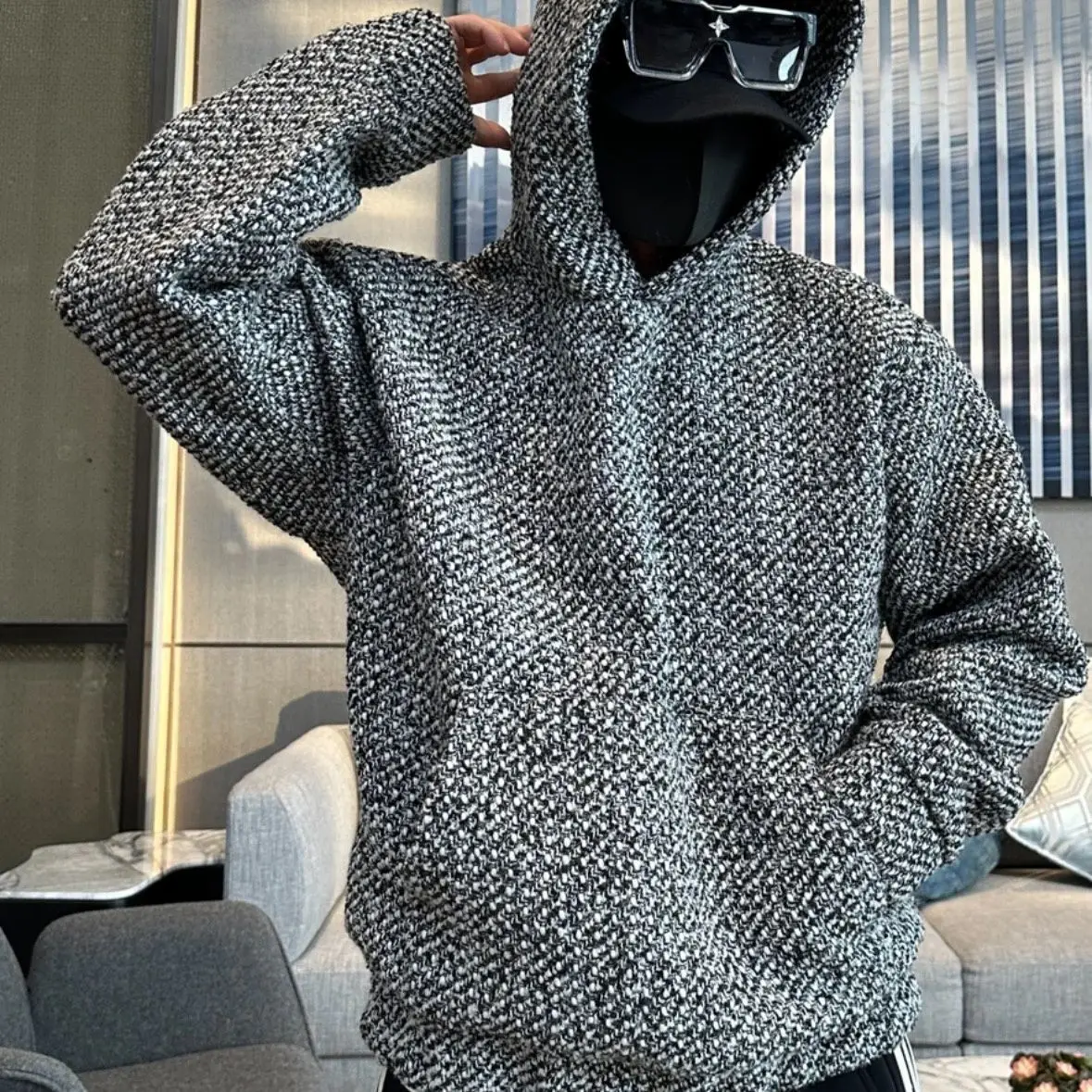 Sweats à capuche en tweed tissé pour hommes, pull haut de gamme, sweat à capuche Harajuku, gris rapiécé, décontracté, automne et hiver, nouveau