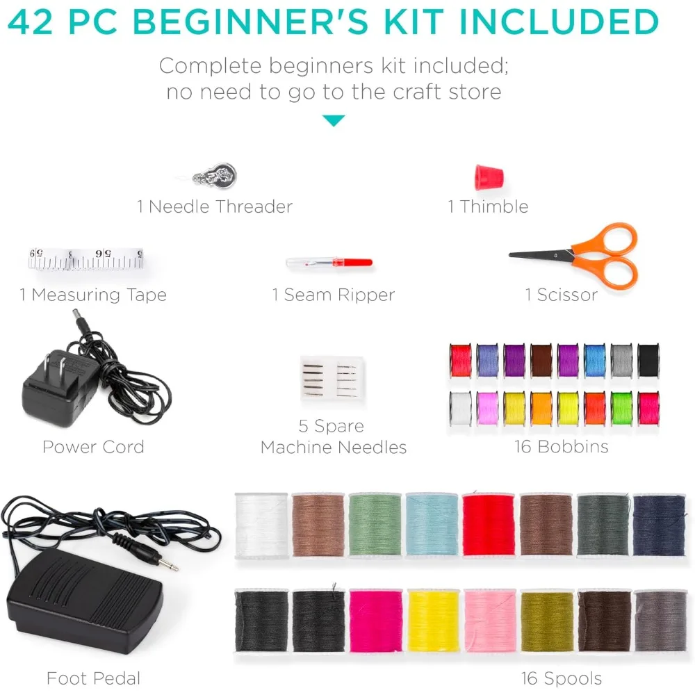 ماكينة خياطة مدمجة للمبتدئين مع طقم 42 قطعة و12 أنماط غرزة ودواسة قدم خفيفة محمولة باللون الرمادي والأبيض