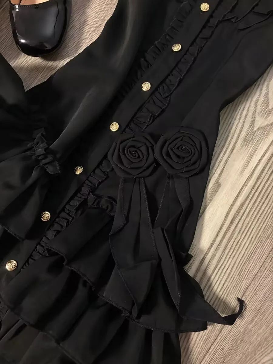 الصيف خمر لوليتا القوطية الجمالية سليم أكمام فستان أسود النساء Y2k فساتين Kawaii أنثى مثير رقيقة ألف خط فستان