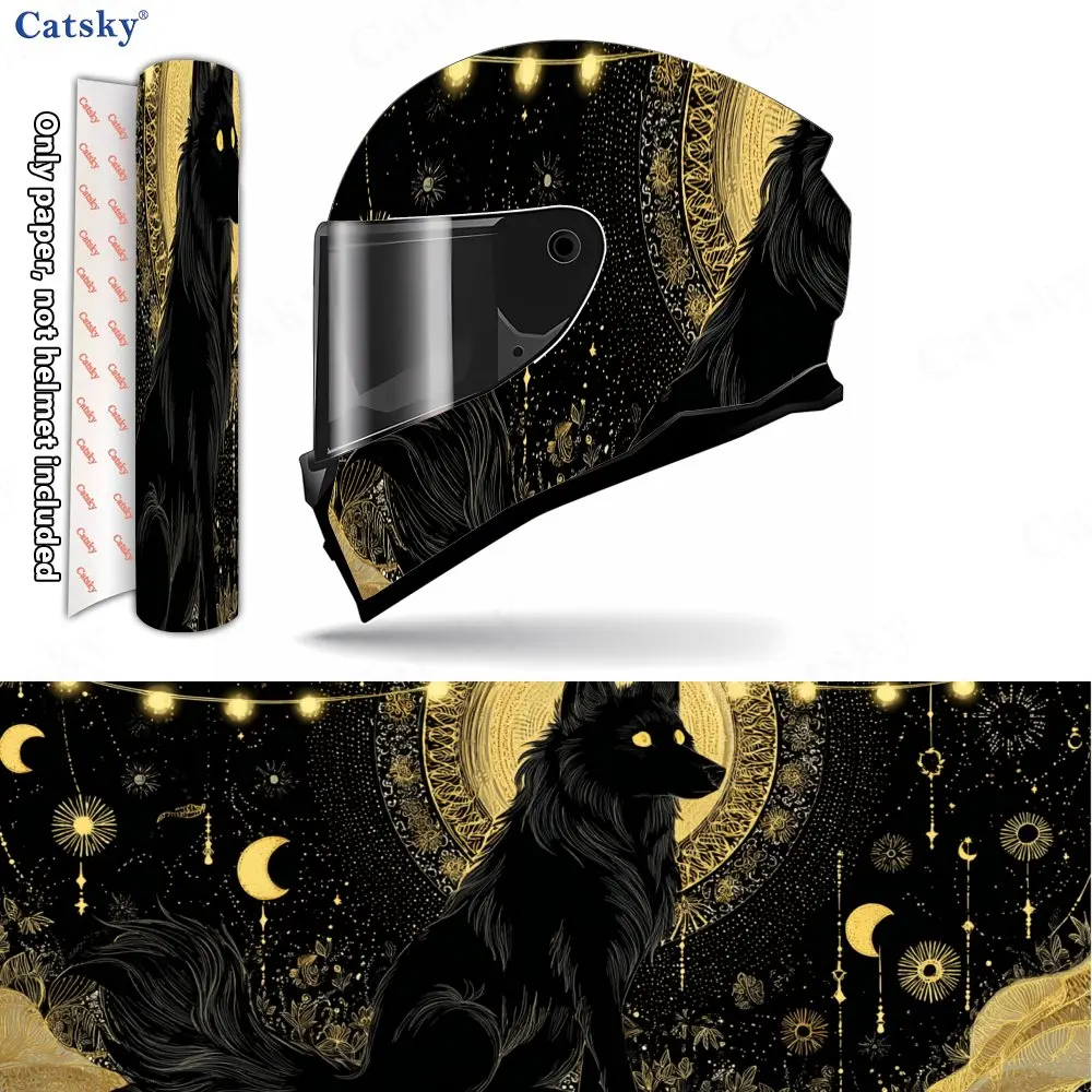 

Cool Black Wolf - Golden Moon & Sun Motorcycle Helmet Decal, Waterproof Self-adhesive Helmet Vinyl Wraps Sticker, Cool Graffiti