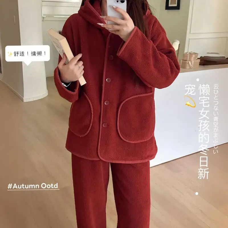 

Christmas homewear hooded minimalist solid color Sleepwear coral fleece Nightwear thicken keep warm winter Women's pajama set