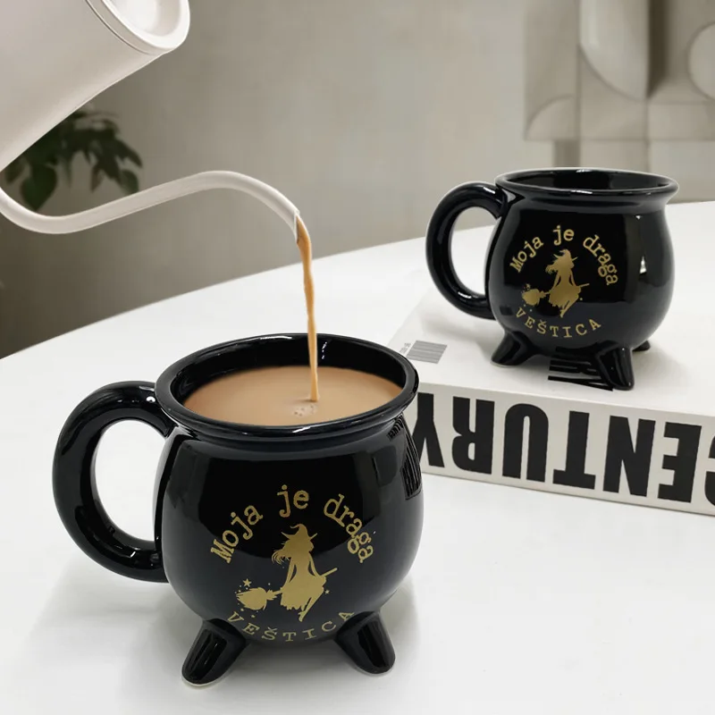 

Unique Witches Cauldron Style Ceramic Mugs Brewing Cups with 4 Feet Base Good Luck Coffee Tea Milk Cups Ideal Gift Drinkware