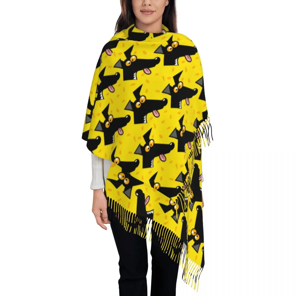 

Женские большие бесшовные желтые шарфы для борзых, женские зимние мягкие теплые шаль с кисточками, накидки, уиппет, собаки, домашние животные, шарф с героями мультфильмов