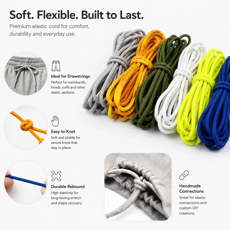 10-75M 5mm Colorful Elastic Cord Round Stretch Rope for Hair Ties Apparel Drawstring Waistband Sewing Handmade Connection Trim