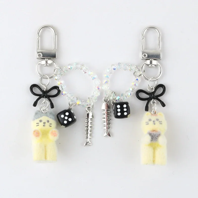 

Y2K Cute Flocking Kitten Keychain Creative Shiny Beads Fishbone Keyring Bag Charm Camera Pendant Key Accessories Couple Gifts