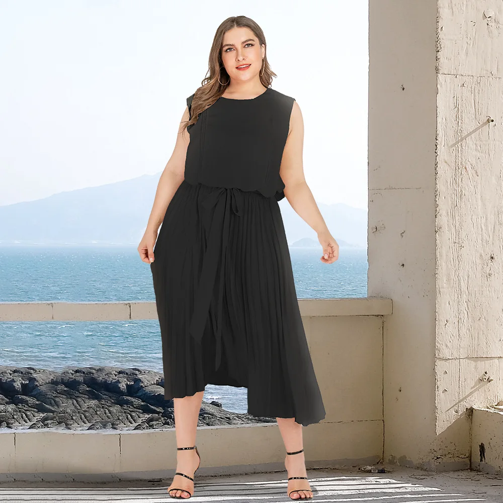 Plus Size Women 2024 Summer Fat Mm Pleated Design Temperament Elastic Waist Bow Sleeveless Dress Large Women's JR200