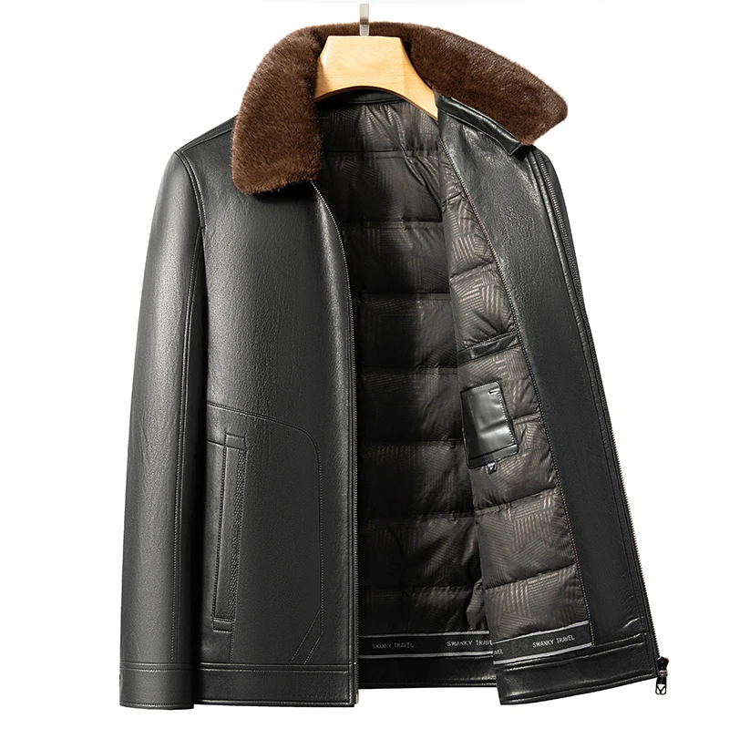 YN-2588 doudoune en cuir véritable pour hommes, col en fourrure de vison, doudoune épaisse en duvet de canard blanc, hiver Super épais chaud et décontracté