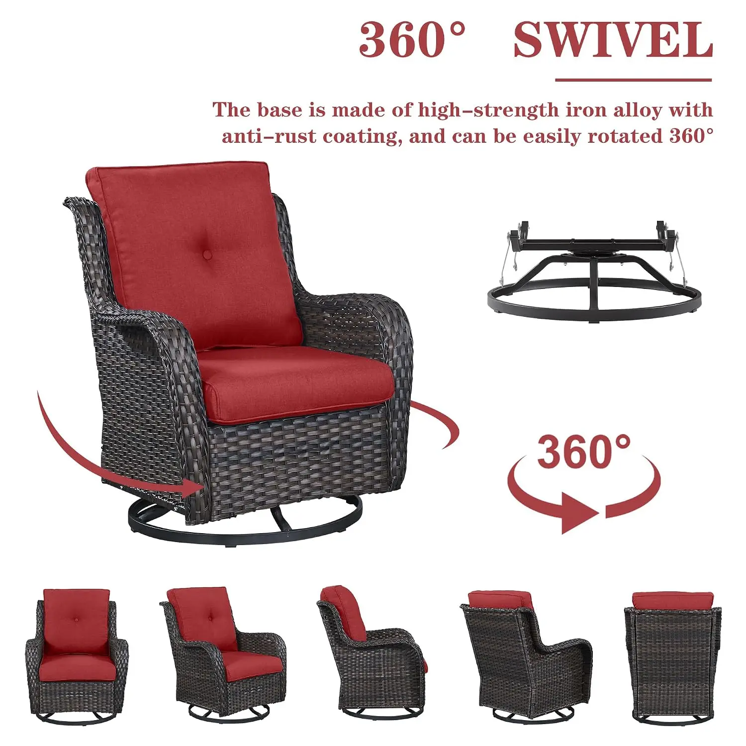 5-Piece Wicker Patio Set, Swivel Rocker Chairs 2 With Ottomans & 3-Seater Sofa, All Weather For Porch Pool, Brown/Red,Customized