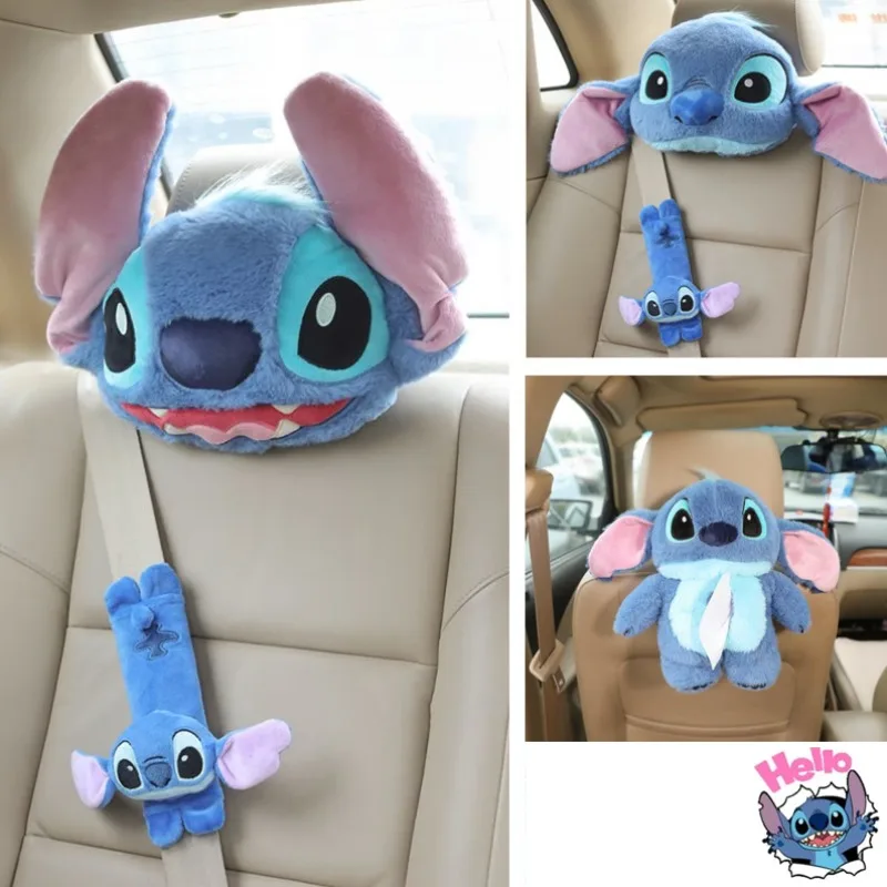 Stitch Seat Belt Protective Cover Cute Cartoon Soft Plush Car Headrest Neck Pillow Fashion Car Tissue Box Decor BIrthday Gift