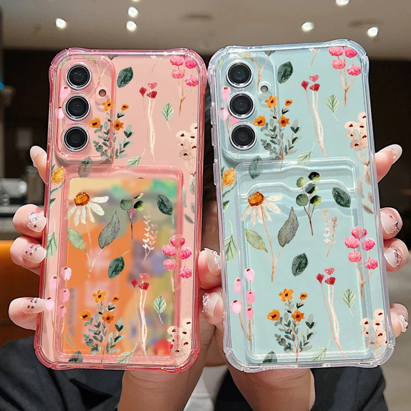 Card Slot Flower Buds Case For Samsung Galaxy S24 S26 S23 S22 S25 Ultra Edge S21 FE A34 A15 A25 A35 A16 A36 A56 A55 A54 5G Capa