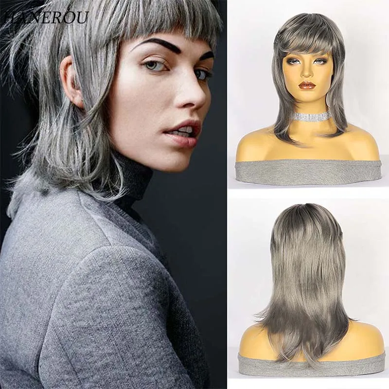 HANEROU Mullet Head Wig Short Synthetic Straight Gray Fluffy Natural Wolf Tail Hair Wig for Women Daily Party Cosplay