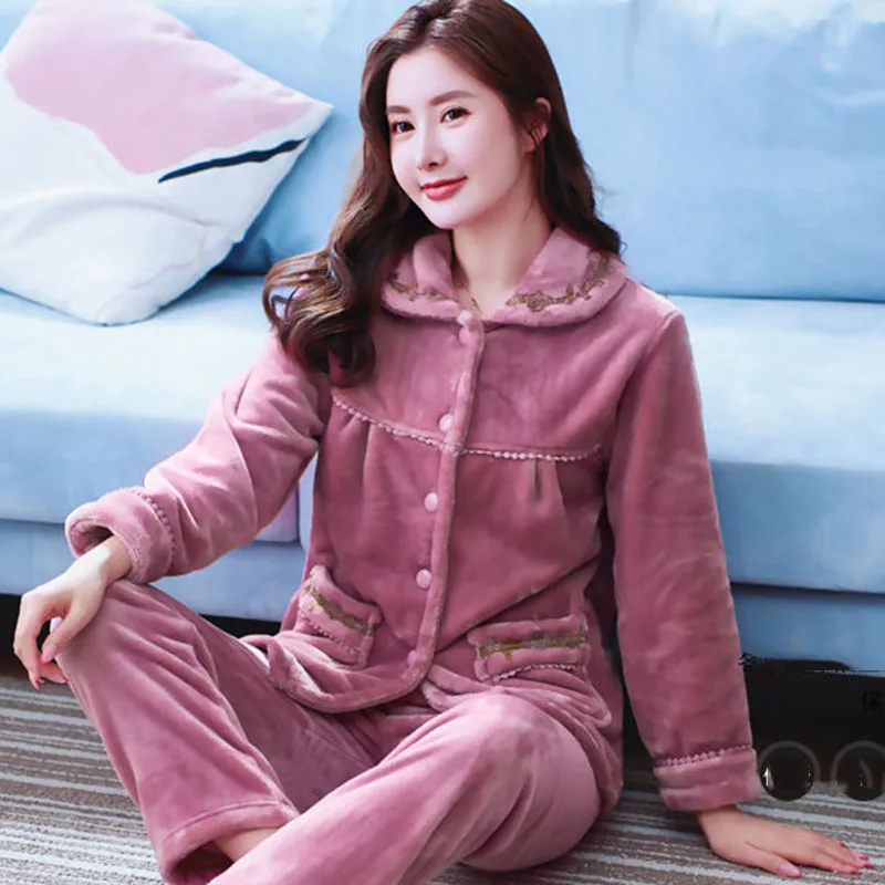 

Autumn Winter Warm Coral Fleece Pajamas Womens Embroidered Cardigan Pants Two Piece Set Female Casual Home Clothes Trousers Suit