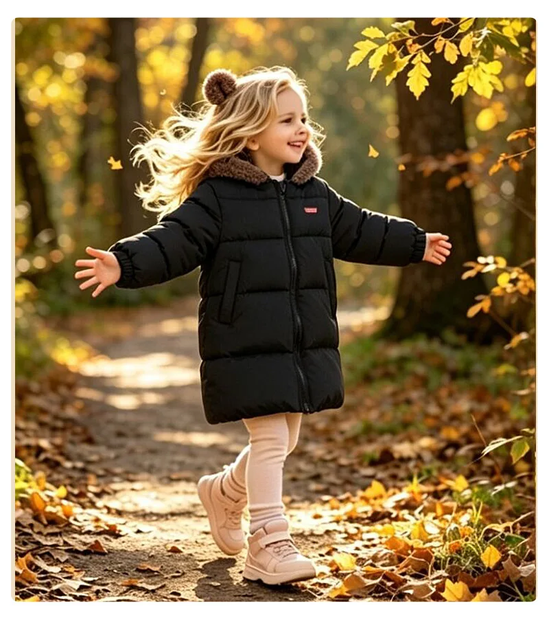 Neue doppelseitige Winter-Daunenjacke für Kinder, Jungen und Mädchen, mittellanger warme Mantel mit Bärenohren-Kapuze. – Detail 14