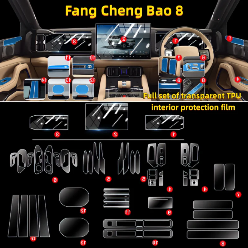 For Fang Cheng Bao 8 interior protection film center console screen  dashboard  car interior transparent TPU anti-scratch  film