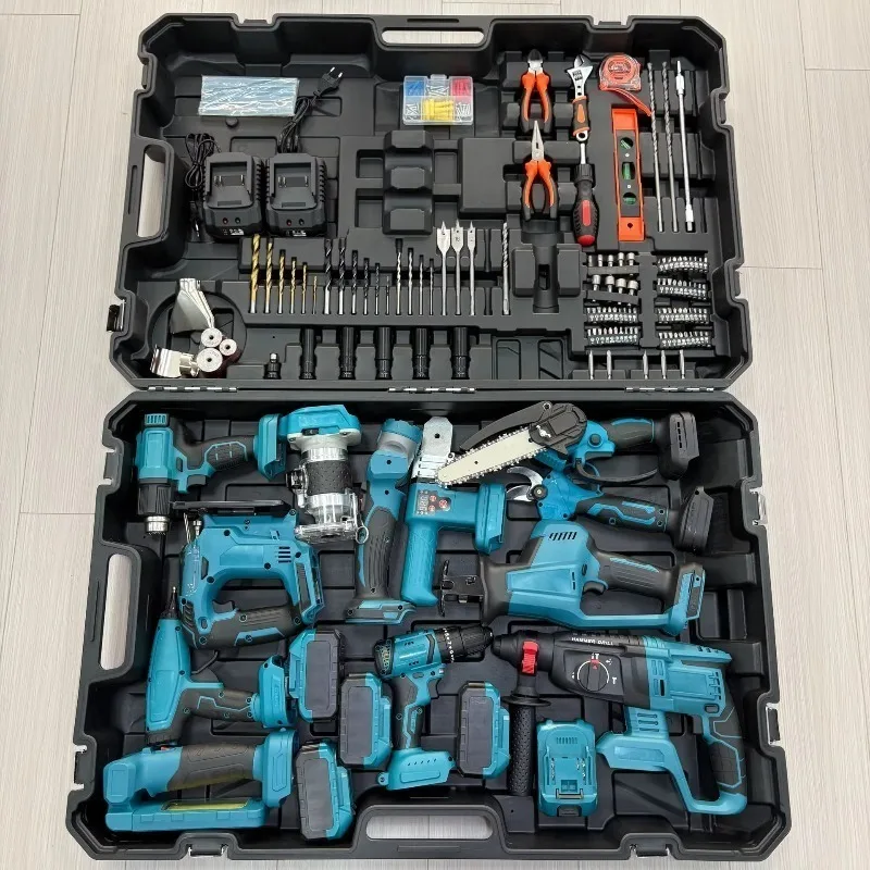 12pçs kits de ferramentas elétricas de bateria, martelo elétrico, broca, moedor de ângulo sem escova, chave sem fio, serra portátil, conjunto de ferra
