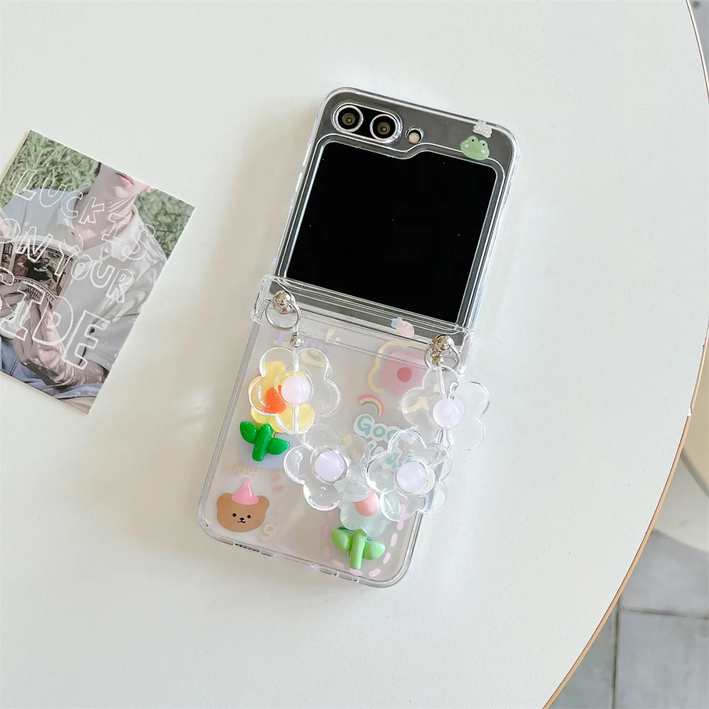 3D Butterfly Dimensional Coloured Flowers Lanyard Case for Samsung Galaxy Z Flip 6 5 4 3 ZFlip 6 Transparent Bracelets Cover