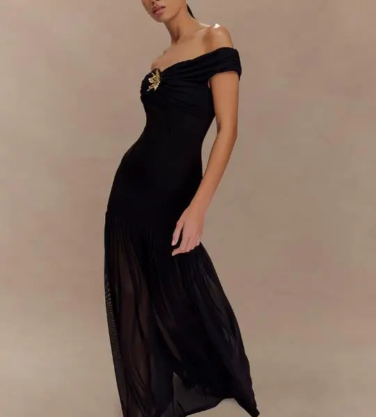 

2025 Women's Strapless Long Skirt Off-Shoulder Mesh Splicing Hip-Hugging Dress Elegant Style for Ladies