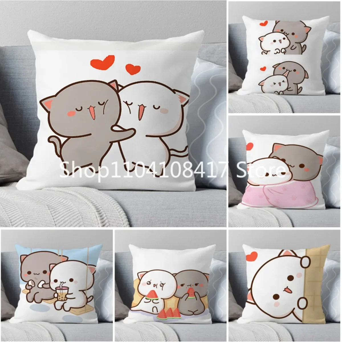 Kawaii Mocha Mochi Peach Cat Pillowcases Cute Peach and Goma Throw Pillow Case Home Decor Sofa Car Waist Cushion Cover 45x45cm