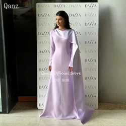 Qanz Lilac Elegant Evening Dress Long Sleeves With Cape Satin Saudi Arabia Formal Ocassion Dresses Customized Vestidos De Festa