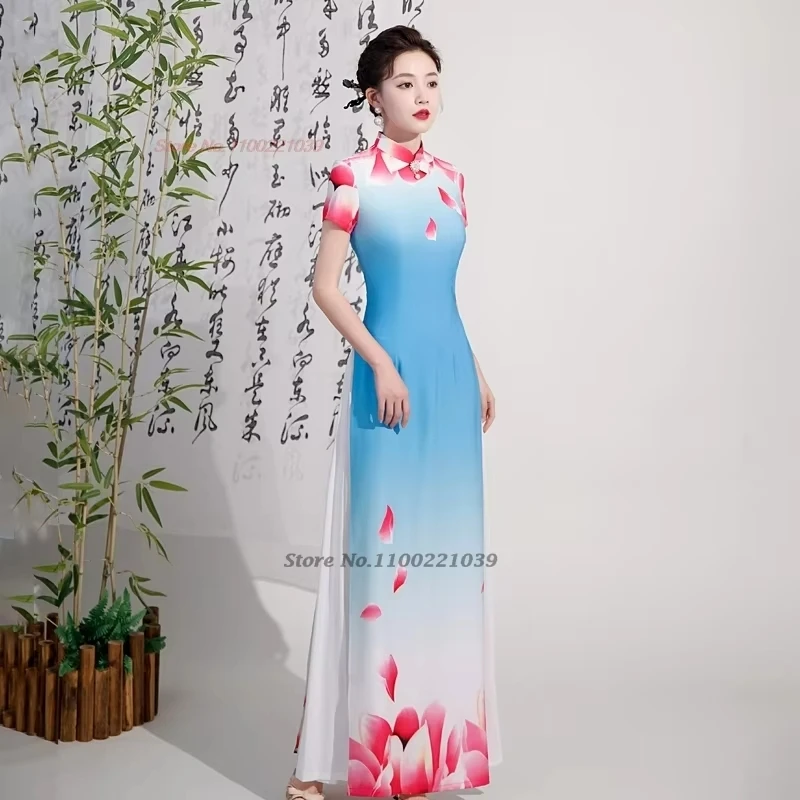 2025 vietnam aodai dress traditional chinese improved qipao national flower print cheongsam dress vintage evening banquet dress