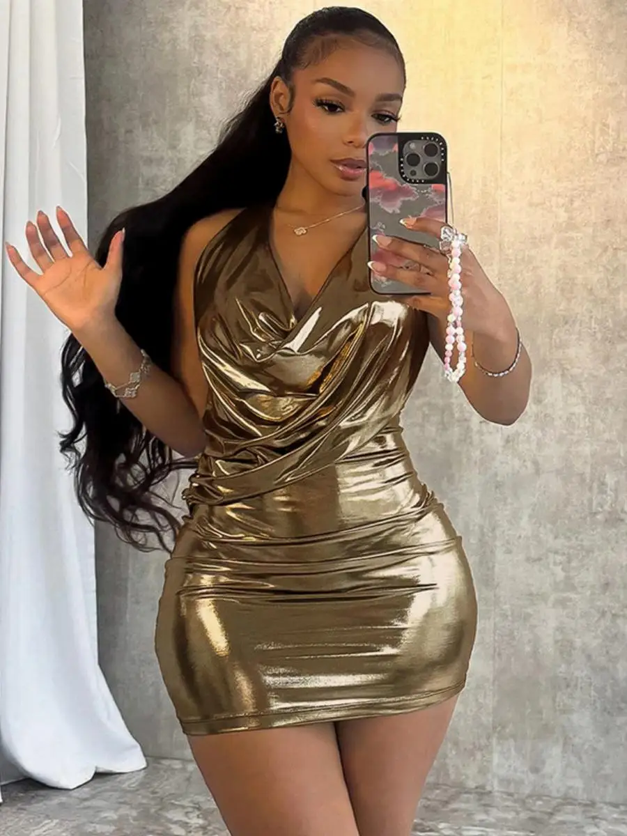 

Sexy Metal ine Feature Svel Ne Swinging Dr Bal Butt Covering ort Skirt High Waist Spring Season Women's D...