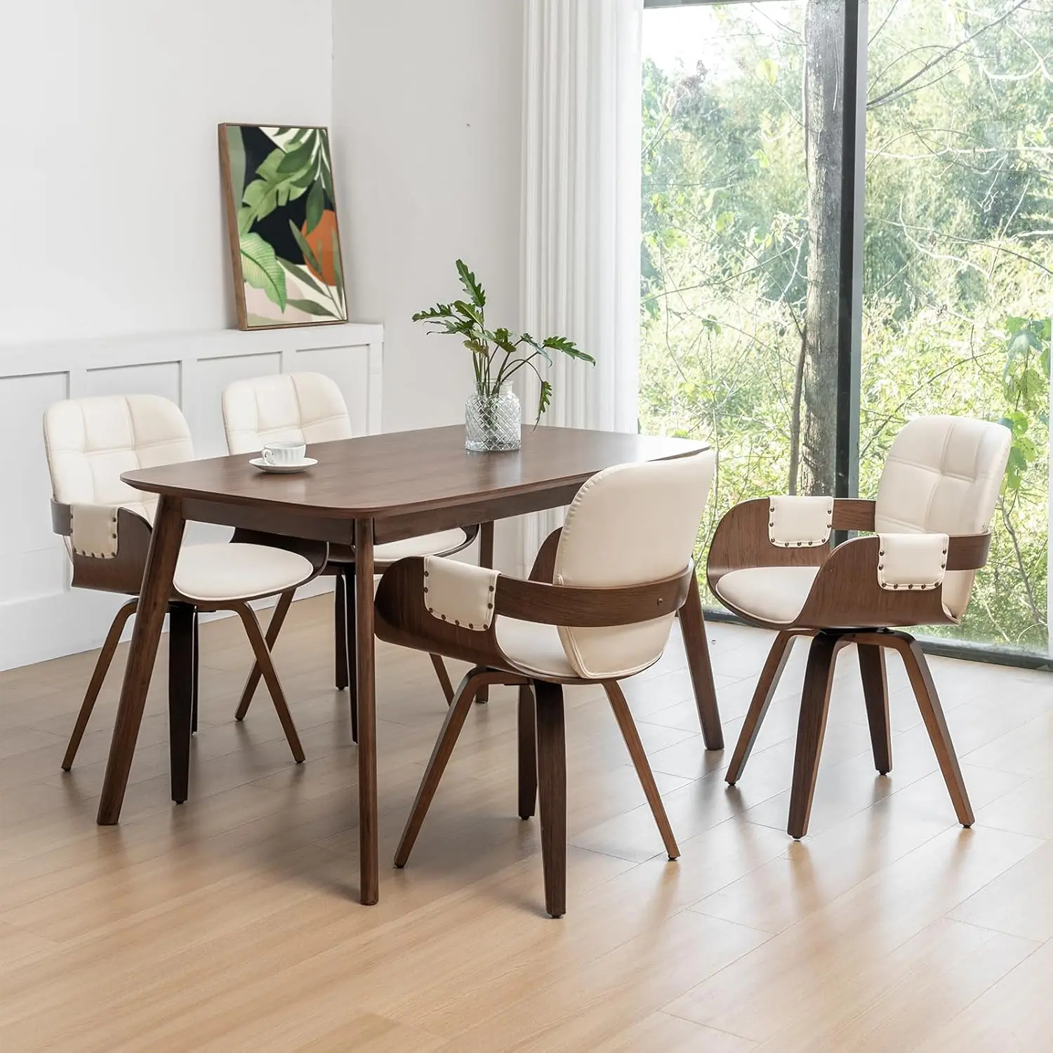 

Set Of 4 Swivel Dining Chairs - Mid Modern Dining Chairs With A And Curved Back, Faux Leather Bentwood, Versatile For Living