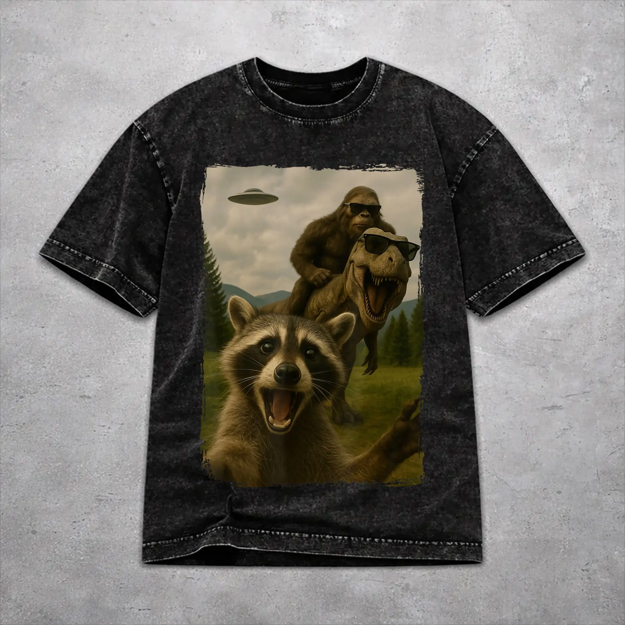 Funny Bigfoot Ride Dinosaur Raccoon Washed T Shirt Cool Harajuku Men Women  Loose Tee T-Shirts 100% Cotton