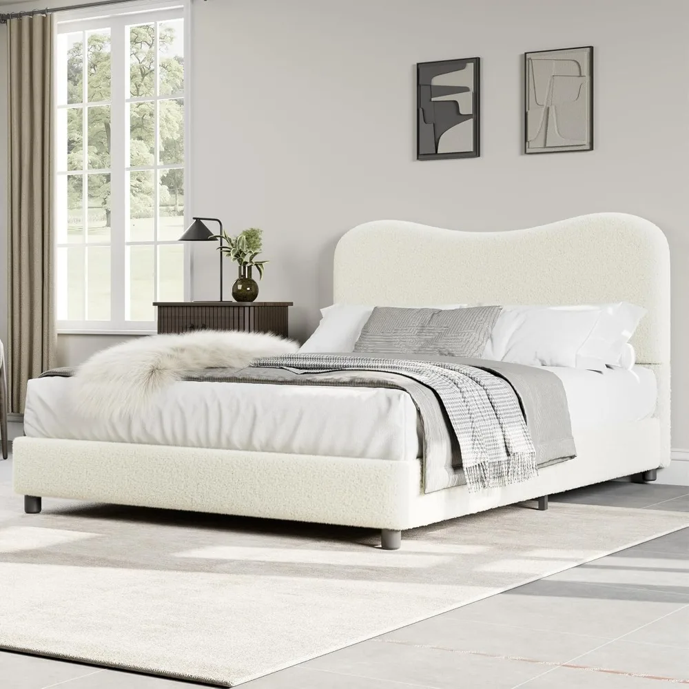 

senfot beige boucle bed frame with upholstered headboard, soft low profile sturdy platform bed with rounded corners design, heav