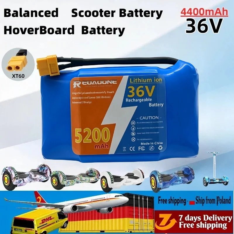 Hochleistungsfähiger 36V 4400mAh/5200mAh 10S2P wiederaufladbarer Lithium-Akku mit stabiler Leistung, langlebiges Ersatzteil, perfekt passend für elektrische selbstbalancierende Scooter, Hoverboards,