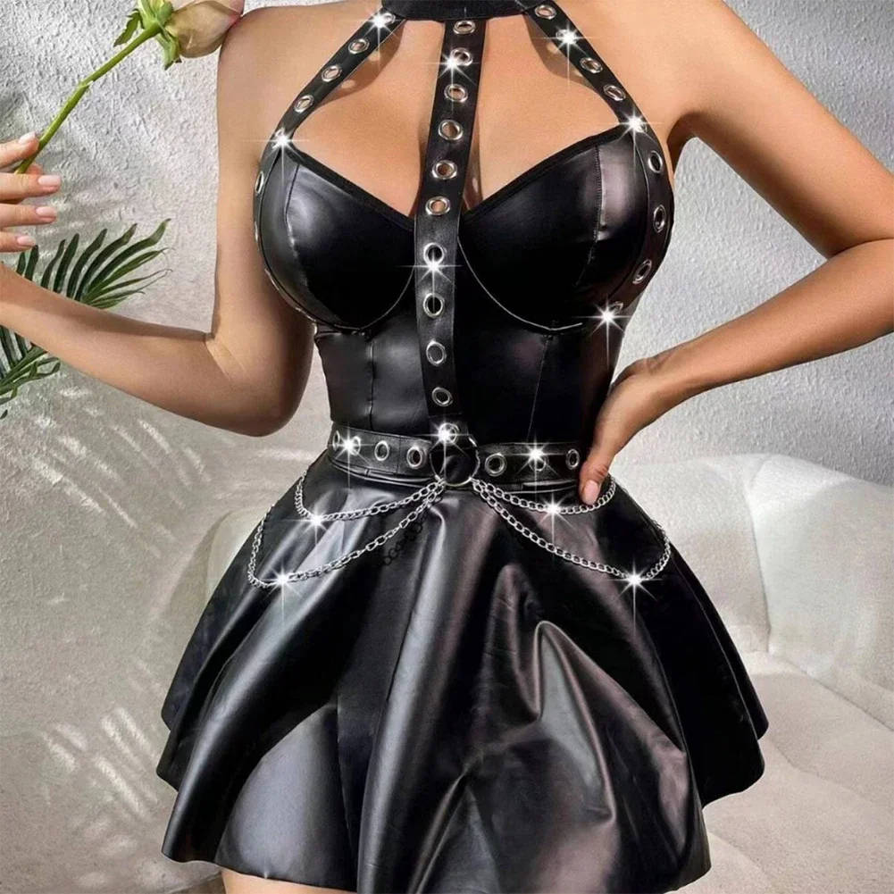 Women Sexy Black PU Leather Punk Dress Wet Look Bodycon Short Dress Corseted Studded Backless Nightclub Wear Erotic Lingerie