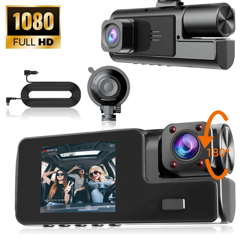 Cámara de salpicadero de doble canal frontal 1080P y 720P incorporada, grabadora de coche Full HD, visión nocturna infrarroja, WDR, grabación en bucle, estacionamiento de 24 horas
