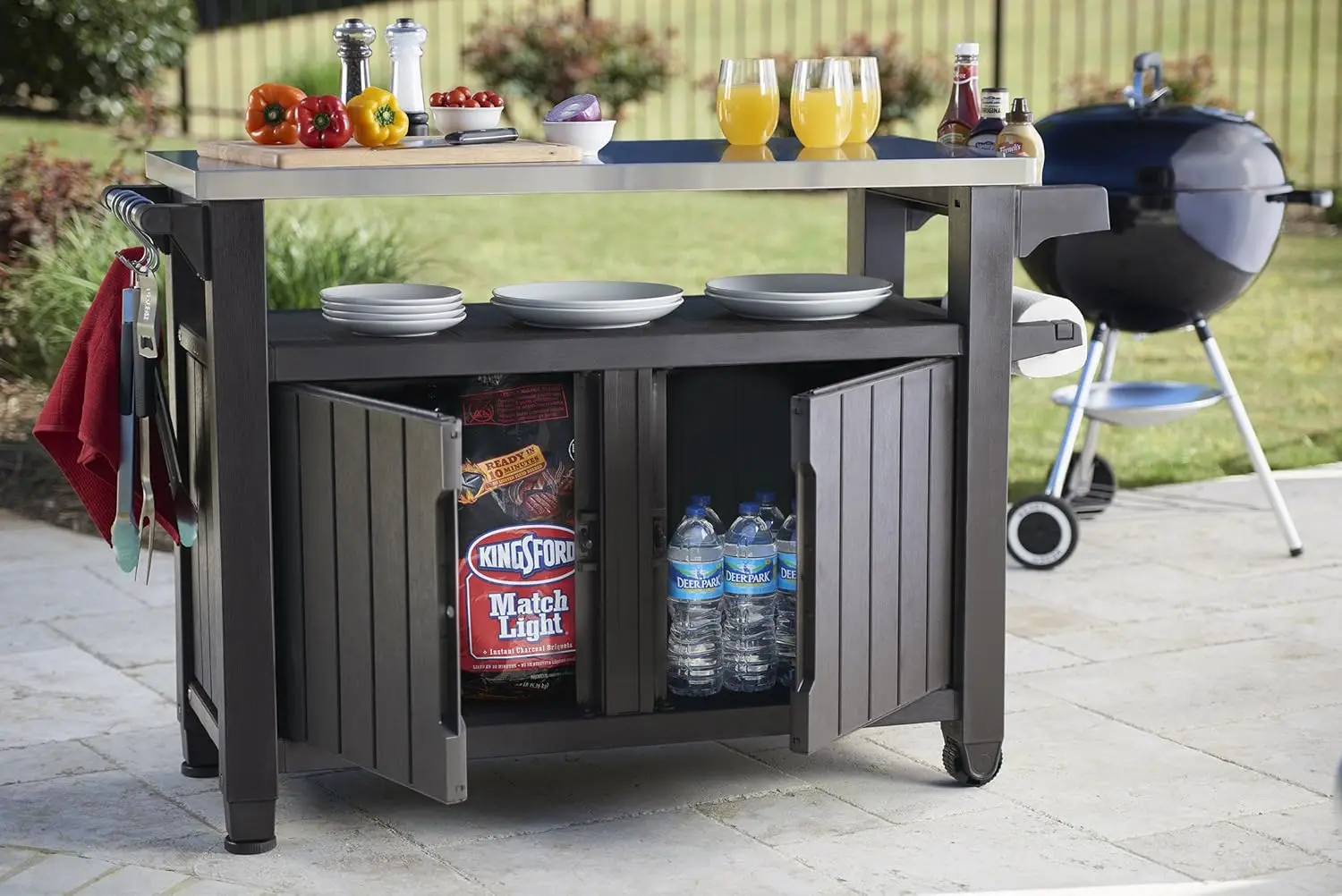 Chariot de table à roulettes pour l'extérieur, pour la préparation des aliments, le stockage, le bar et le gril, marron foncé