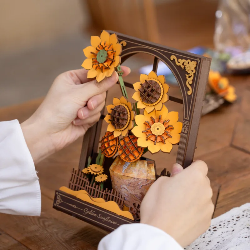 Puzzle 3d en bois de nénuphar, tournesol doré avec lumière LED, Kits de modèles de fleurs, affichage de table, Art mural pour enfants, cadeaux