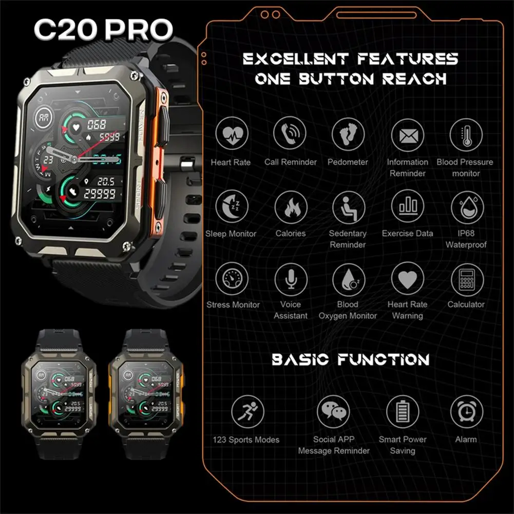 C20 Pro Smart Watch For Men 1.83 Inch Bluetooth-compatible Music Call Outdoor Sports Fitness Smartwatch