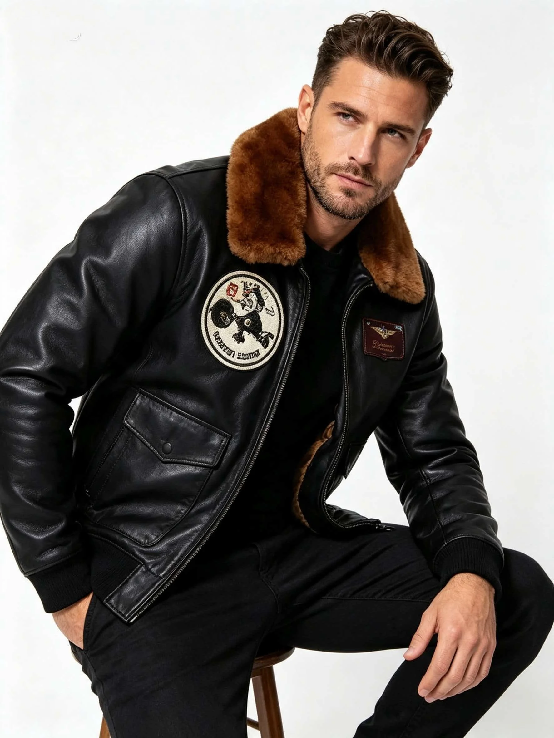 Black Winter Leather Jacket Men Retro Style Plus Size 3XL Genuine Natural Sheepskin Turn-Down Collar Military G1 Flight Coat