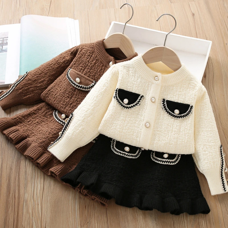 Girls' Sweater Set Autumn and Winter New Children's Small Fragrant Wind Long-sleeved Cardigan Sweater + Skirt Two-piece Set 2-6y