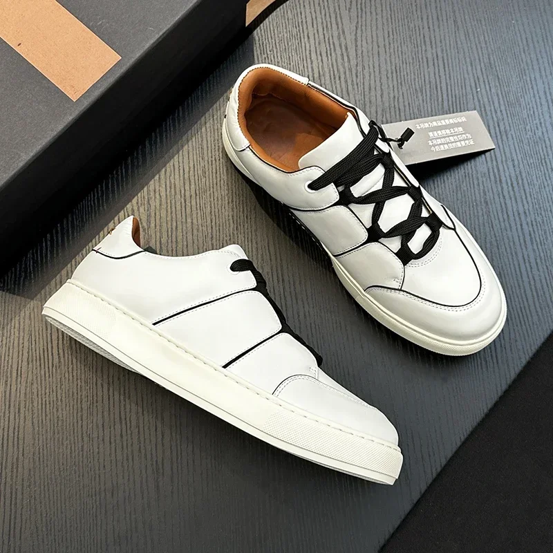 Outdoors Fashion High Quality Casual Leather Flat Bottom Shose Men's Round Toe Triple Splicing Lace Up Thick Bottom Shoes